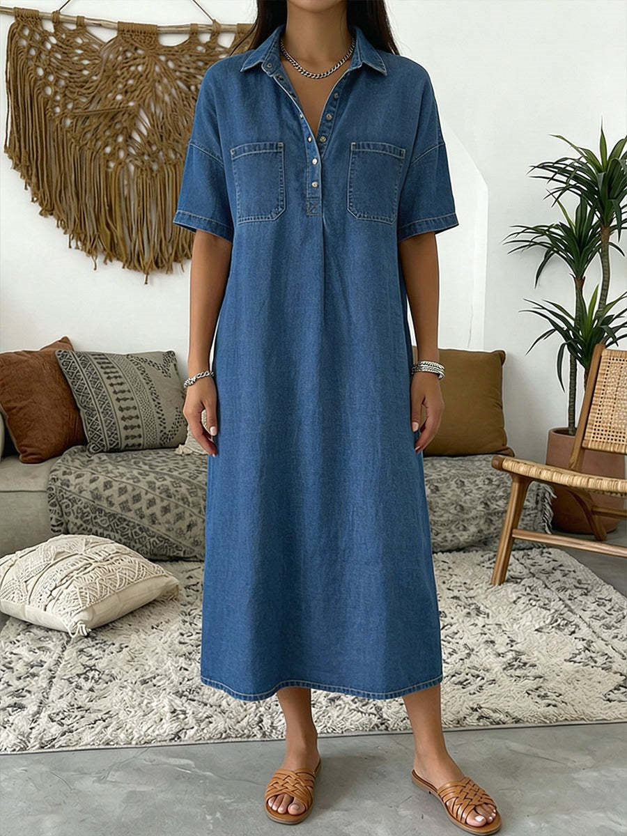 👗 50% OFF NOW! 👖 Casual Pocket Denim Midi Shirt Dress – Soft denim & relaxed fit – Functional pockets, perfect for everyday casual – comfortable and versatile ✨🌸