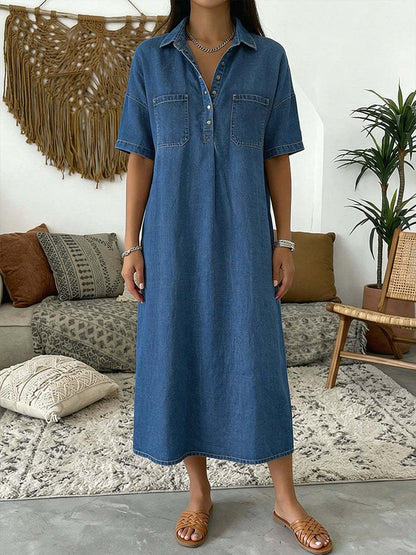 👗 50% OFF NOW! 👖 Casual Pocket Denim Midi Shirt Dress – Soft denim & relaxed fit – Functional pockets, perfect for everyday casual – comfortable and versatile ✨🌸