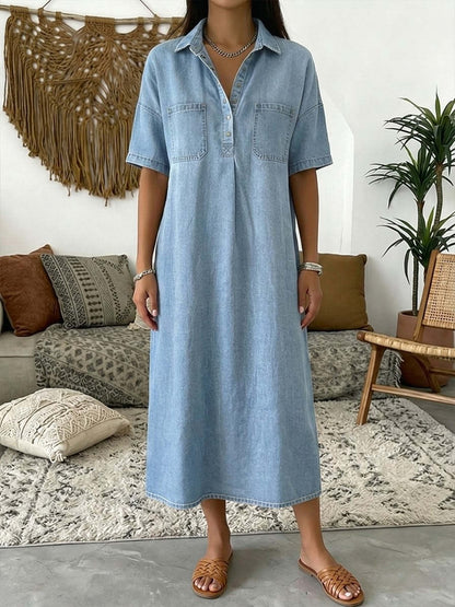 👗 50% OFF NOW! 👖 Casual Pocket Denim Midi Shirt Dress – Soft denim & relaxed fit – Functional pockets, perfect for everyday casual – comfortable and versatile ✨🌸