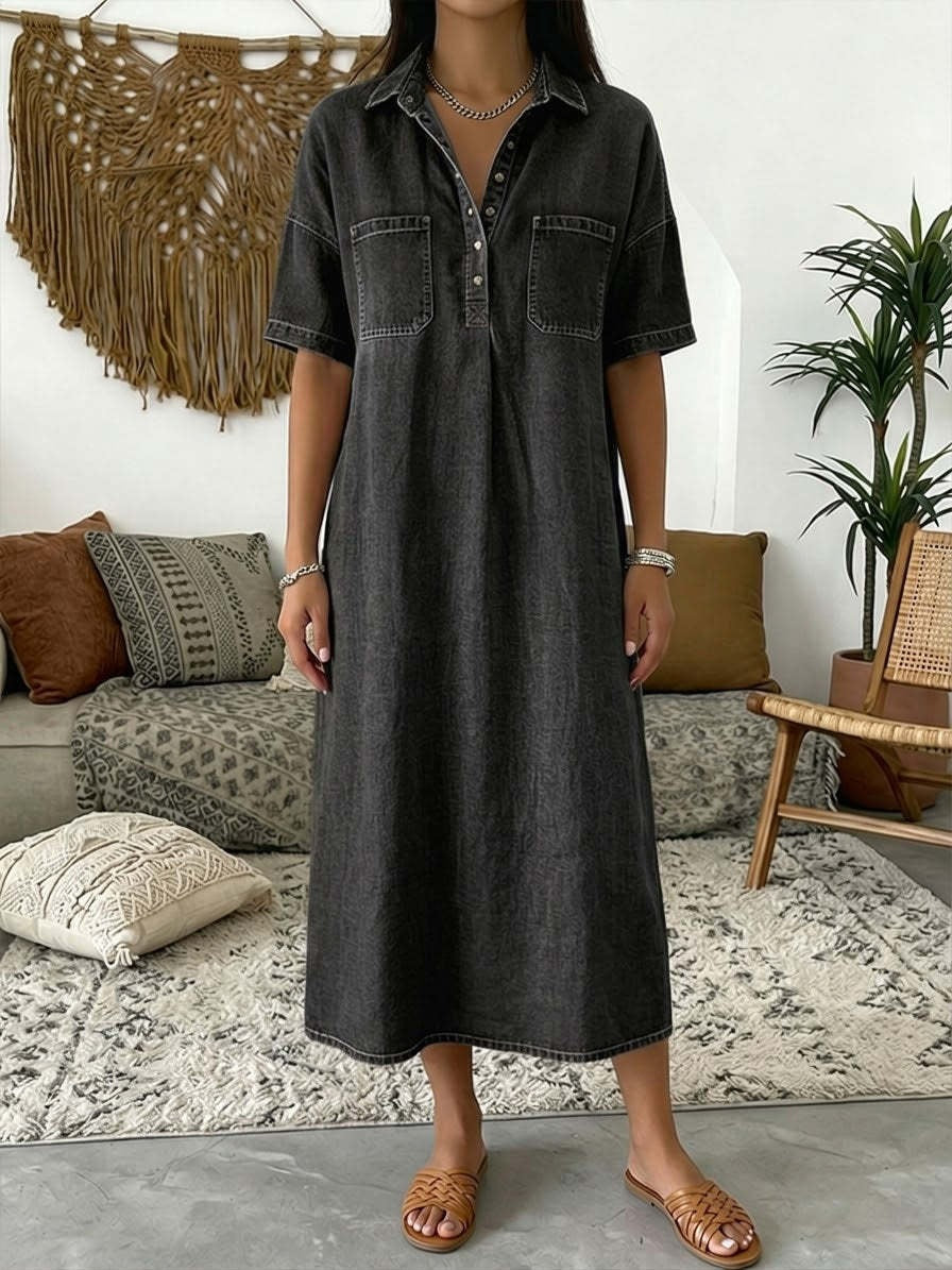 👗 50% OFF NOW! 👖 Casual Pocket Denim Midi Shirt Dress – Soft denim & relaxed fit – Functional pockets, perfect for everyday casual – comfortable and versatile ✨🌸