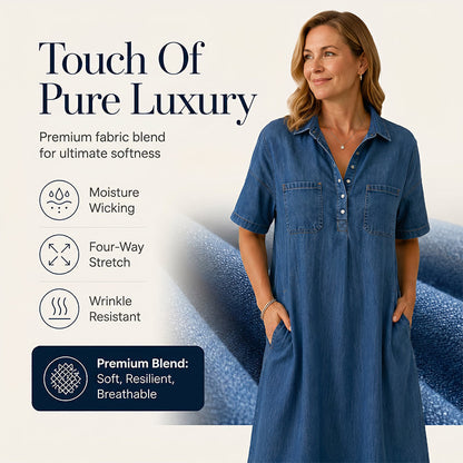 👗 50% OFF NOW! 👖 Casual Pocket Denim Midi Shirt Dress – Soft denim & relaxed fit – Functional pockets, perfect for everyday casual – comfortable and versatile ✨🌸