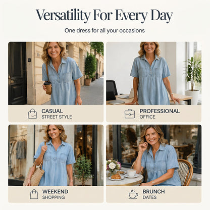 👗 50% OFF NOW! 👖 Casual Pocket Denim Midi Shirt Dress – Soft denim & relaxed fit – Functional pockets, perfect for everyday casual – comfortable and versatile ✨🌸