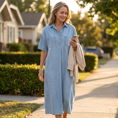 👗 50% OFF NOW! 👖 Casual Pocket Denim Midi Shirt Dress – Soft denim & relaxed fit – Functional pockets, perfect for everyday casual – comfortable and versatile ✨🌸