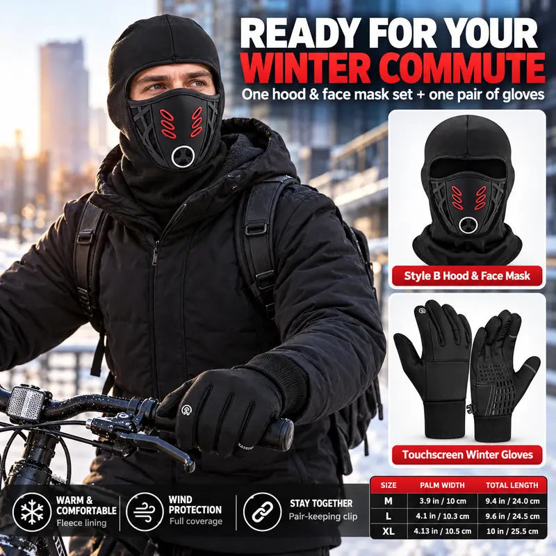 Winter Balaclava Face Mask and Touchscreen Gloves Set for Men and Women, Full-Coverage Hood with Warm Fleece-Lined Anti-Slip Gloves for Cycling, Running and Outdoor Activities