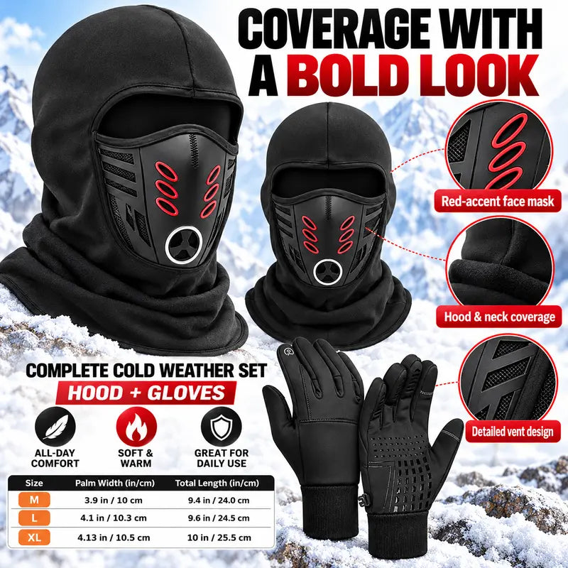 Winter Balaclava Face Mask and Touchscreen Gloves Set for Men and Women, Full-Coverage Hood with Warm Fleece-Lined Anti-Slip Gloves for Cycling, Running and Outdoor Activities