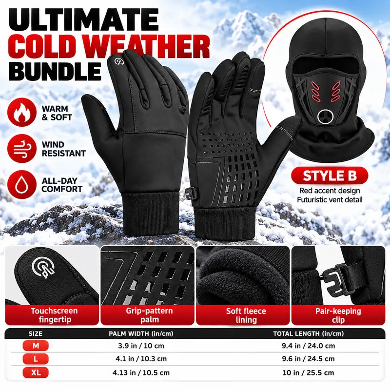 Winter Balaclava Face Mask and Touchscreen Gloves Set for Men and Women, Full-Coverage Hood with Warm Fleece-Lined Anti-Slip Gloves for Cycling, Running and Outdoor Activities