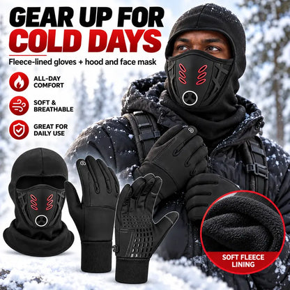 Winter Balaclava Face Mask and Touchscreen Gloves Set for Men and Women, Full-Coverage Hood with Warm Fleece-Lined Anti-Slip Gloves for Cycling, Running and Outdoor Activities