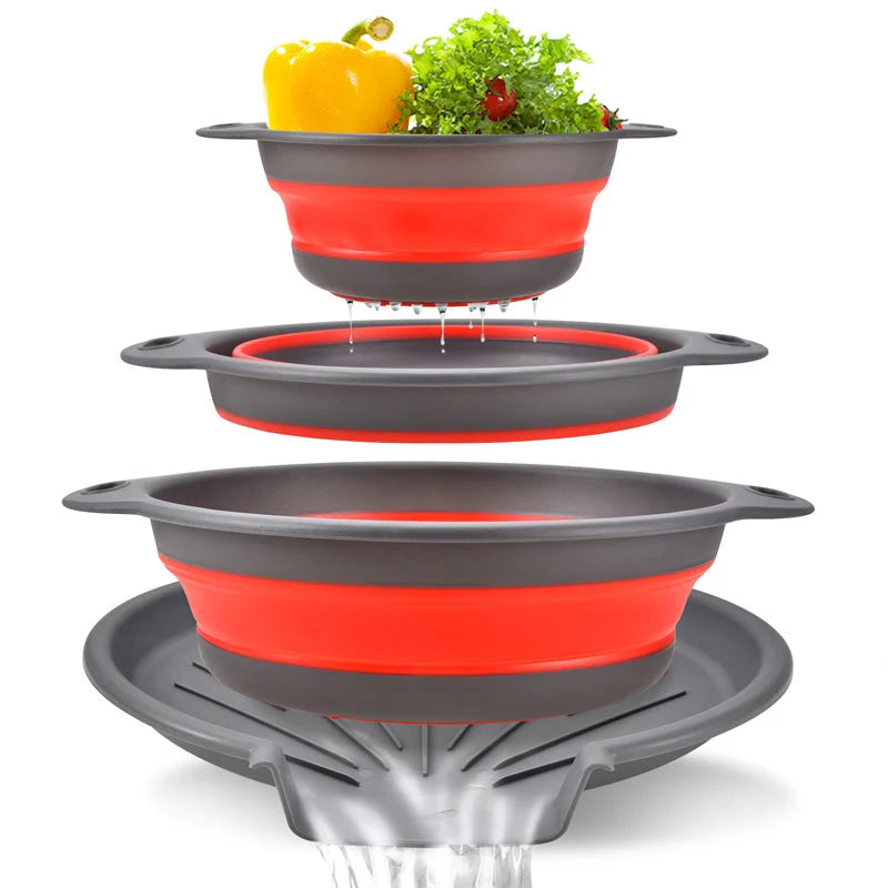 🥗 3-Piece Collapsible Colander Set with Draining Base – Space-Saving Kitchen Strainers for Fruits, Pasta & Vegetables
